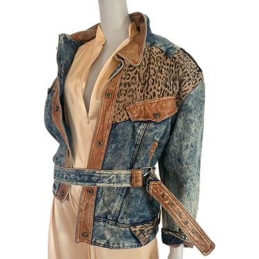80s 90s vintage acid washed jean jacket, cheetah print stone washed jacket, animal print denim jacket, unisex women’s vintage coat 