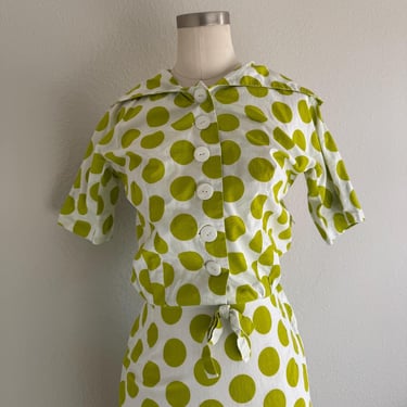 Vintage 50s Lime Green Polka Dot Wiggle Dress Sailor Collar; 50s Cotton Bold Spring Feminine Summer Dress with Pleat Shawl Collar XS S 