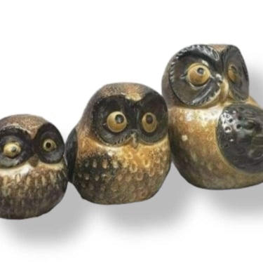 1960s Vintage Japan Stoneware Owl Figurine Family, Mid Century 3 Woodland Big Eyed Birds, Earthy Rustic Owls Home Decor, Vintage Wall Decor 