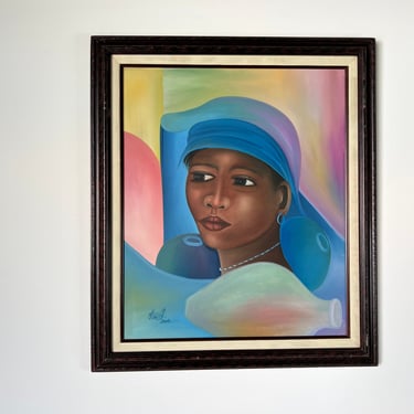 Vintage  African Woman Portrait Oil Painting 