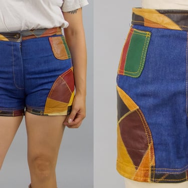Vintage 1970s Patchwork Leather & Denim Shorts, Vintage Western, 70s Denim Leather Patchwork, Bohemian Hippie,  30" Waist by Mo