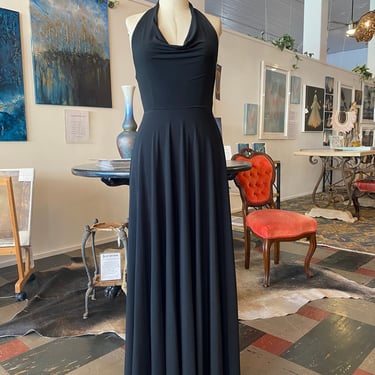 vintage maxi dress, Ann Taylor, slinky black dress, full skirt, 1990s halter dress, cowl neck, small medium, classic style, minimalist, 27 