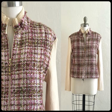 vintage st. john sport pink tweed zip up cardigan / cream ribbed knit sweater 