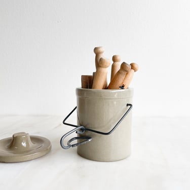 Stoneware Crock with Lid and Metal Bailing Handle Butter Jar Cheese Jar Small Stone Canister Modern Farmhouse Kitchen Pottery 