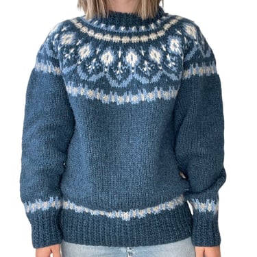 Vintage Danspun Hand Knit Blue Wool Chunky Fair Isle Made in Denmark Sweater XL 
