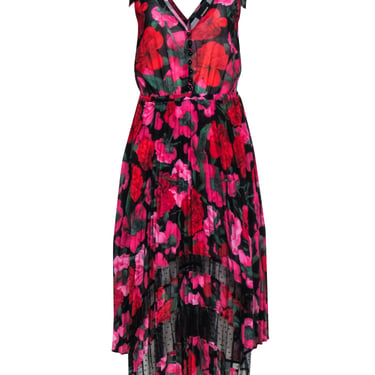 The Kooples Red &amp; Pink Floral on Black Base Sleeveless Pleated Skirt Dress Sz 2