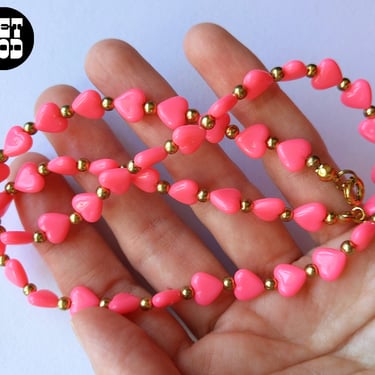 Super Cute Vintage 80s Bright Pink Hearts Beaded Necklace 