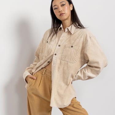 BEIGE CORDUROY SHIRT Vintage Button Up Cotton Work Shirt Workwear Long Sleeve 90's Oversize / Large 