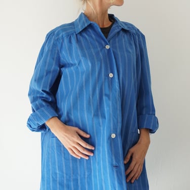 Vintage French Stripes Linen Tunic Shirt | Swedish Indigo Cotton Popover Smock Dress | Simple Dress | Studio Shirt |  Painter Smock 