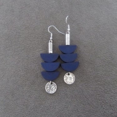 Navy blue wooden earrings, mid century modern earrings, unique pagoda earrings, silver 