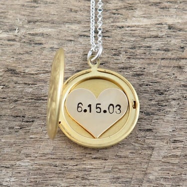 Gold Locket with Photo and Heart Insert, Gift for Her, Hand Stamped Date Necklace, Personalized Gift, Wedding Date Gift 