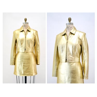 2000s Y2K Vintage Gold Metallic Leather Suit Gold Leather Jacket and skirt by Michael Hoban North beach Leather Small Medium Leather Jacket 