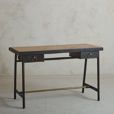 Leather + Wood Writing Desk Attributed to Jacques Adnet, France 1950s