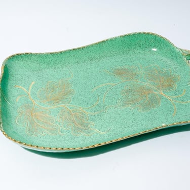 Midcentury Ceramic Serving Platter, Ceramic, Green with Gold Leaves, California Originals 