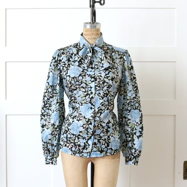 vintage 1970s 80s blue rose blouse • black floral print puff sleeve bow neck blouse 
