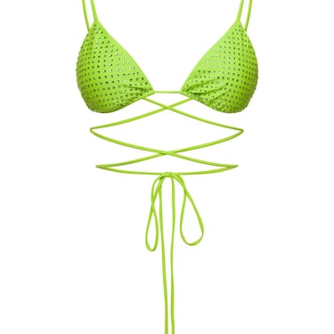 Self-Portrait Bikini Top With All-Over Crystal Embellishment In Green Polyamide Woman