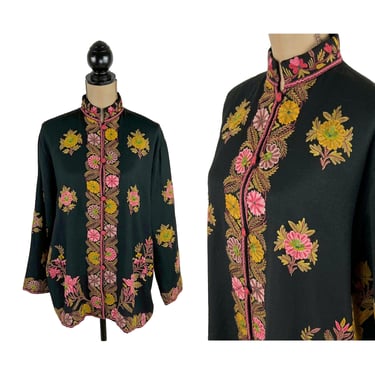 Kashmiri Style Floral Embroidered Black Wool Jacket XL, Lightweight Nehru Collar, Boho Gypsy Ethnic Cottagecore, Folk Clothes Women Vintage 