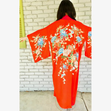 Pongee Silk Kimono // vintage dress Japanese red floral hippie blouse top jacket robe tunic 40s midi 1940s 1940's 40's white reversible O/S 