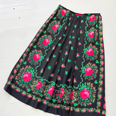 Vintage Black Rose Print Silk Skirt 