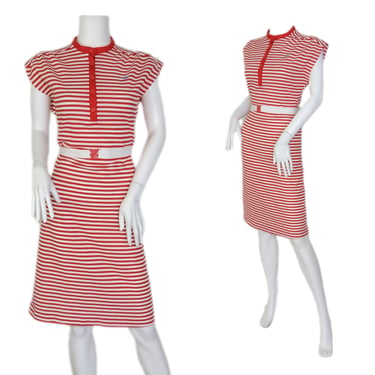1980's Red White Stripe Poly Preppy New Wave Knit Dress I Sz Med I Star Shine 