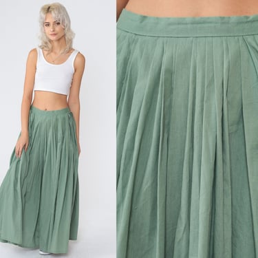 Sage Green Skirt 70s Maxi Skirt Long Pleated Skirt Boho Flowy Hippie Festival Plain Bohemian Seventies High Waisted Vintage 1970s Small S 