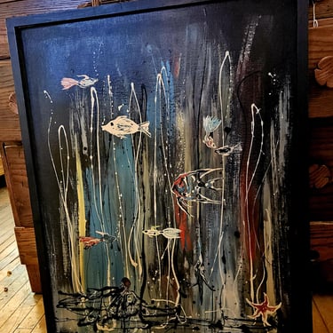 Mid Century Under the Sea painting on board.  Fish Painting 