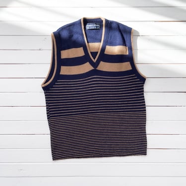 striped sweater vest 80s vintage tan navy knit sleeveless sweater 