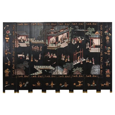 Chinese Export Eight Panel Coromandel Screen Pagoda Courtyard