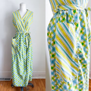 Vintage 1960s Yellow & Blue Checked Maxi Wrap Dress / XS 