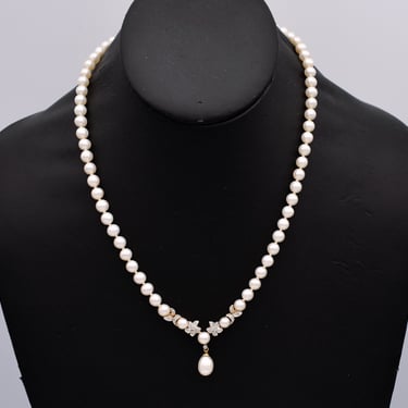 Classic 60's pearls diamonds 14k floral bib, elegant yellow gold & gemstones 17