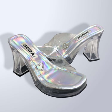 VINTAGE Y2Ks Holographic Clear Acrylic High Heel Platform Sandals By Soda Size 5.5 | 2000s 1990s Silver Clear Vinyl Shoes | VFG 