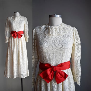 1970s White Lace Lanz Dress with Crimson Belt 