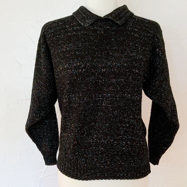 70s 80s Black Rainbow Lurex Pullover Collared Sweater | Small/Medium 