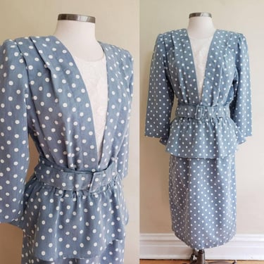 80s Does 40s Blue Polkadot Dress with Peplum + Belt / 80s Summer Dress Baby Blue White Cotton Print Just Ducky / L 