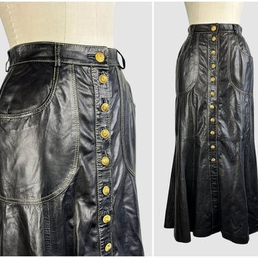 ROBERTO CAVALLI Vintage 90s Black Leather Gaudi Mermaid Midi Skirt | 1990s High Waist, Gold Buttons | Made in Italy, Italian Designer| Small 