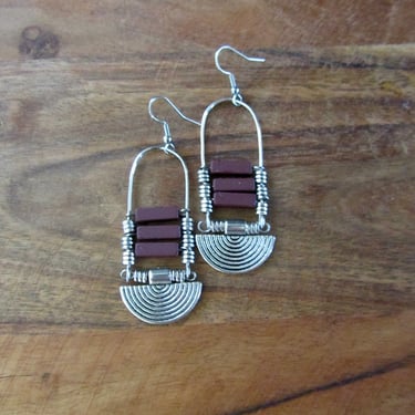 Burgundy and silver ethnic earrings 