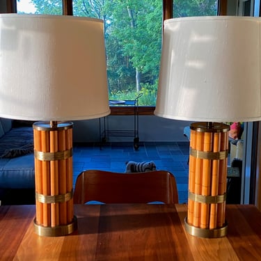 Pair Vintage Russel Wright Bamboo With Brass Wrap Lamps 