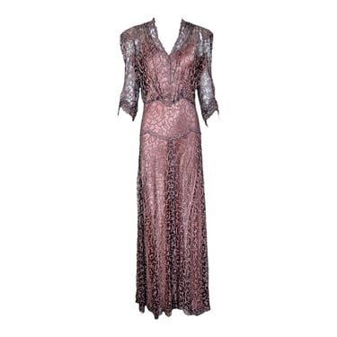 1930's Mauve, Pink and Black Lace Gown with Satin Slip