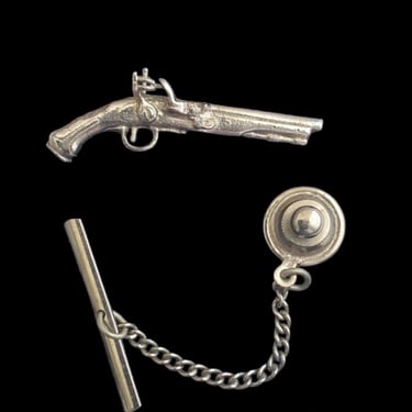1950s Pistol Tie Tack with Chain - 50s Men's Jewelry- 50s Accessories 