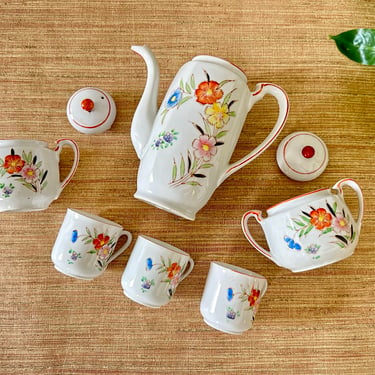 Vintage  Porcelain Floral Coffee/Tea Set - Creamer, Sugar, Pitcher and Cups - Hand Painted - Made in Japan 