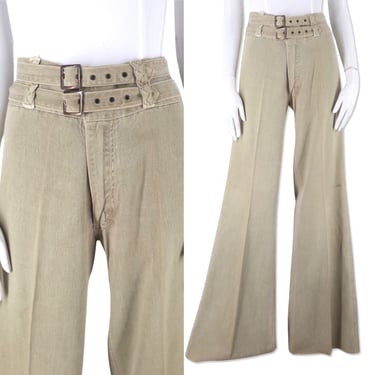 1970s Brittania High Rise Bells Jeans 34, vintage 70s wide leg flares, Sage Green denim pants gender neutral womens mens unisex L 