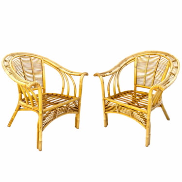 Pair• Mid-Century Rattan Lounge Chairs | Boho Chic Arm Chairs 