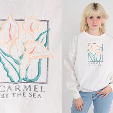 Carmel By The Sea Shirt Thin White Cotton Sweatshirt California 90s Floral Beach Shirt Graphic Long sleeve Pullover 1990s Extra Large xl 