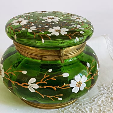 Antique Bohemian glass trinket box, enameled flowers on green glass, Brass hinged powder box, Jewelry casket storage, Gift for her 