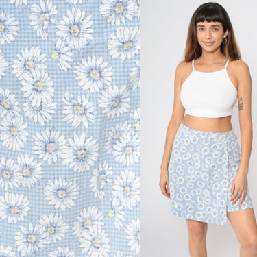 90s Floral Skort Checkered Baby Blue Mini Skirt Gingham Daisy Flower Print High Waisted Vintage 1990s MiniSkirt Shorts Retro Cotton Medium 