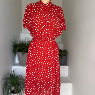 1940s Classic Sheer Red Rayon Polka Dots Day Dress Belted Vintage 40 Bust 