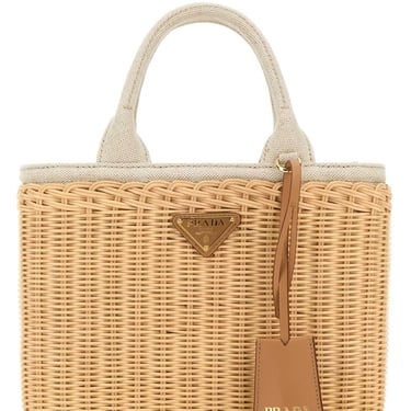 Prada Women Two-Tone Wicker And Canvas Handbag