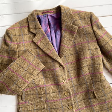 plaid wool jacket | 70s vintage Harris Tweed brown pink plaid checkered dark academia nipped waist blazer 
