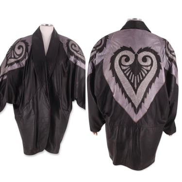 80s EREZ leather batwing coat M-L, vintage 1980s black silver heart appliqué jacket, flashy wild over the top 