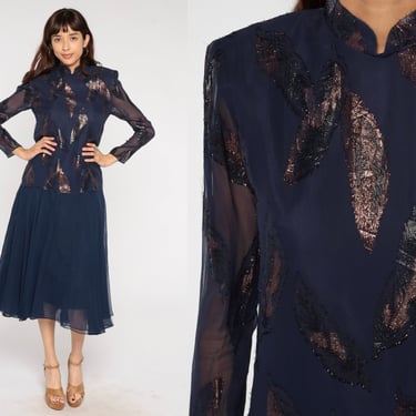 Navy Chiffon Dress 80s Midi Dress Blue Metallic Leaf Dress Boho Party Dress Formal Cocktail Mandarin Collar Long Sleeve Vintage Small 